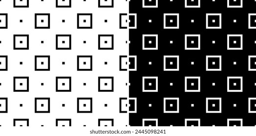 Conjunto de cuadrados geométricos sin costuras y puntos de patrones en blanco y negro. Arte vectorial.