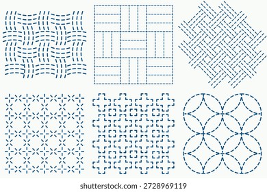 Conjunto de padrões de ponto geométrico sem costura com texturas de linha tracejada. Mínimo mão costurado padrões de estilo inspirados por bordados e design têxtil. Adequado para tecido, papel de parede, embalagem, branding, artigos de papelaria, plano de fundo e design de superfície. Ilustração vetorial.
