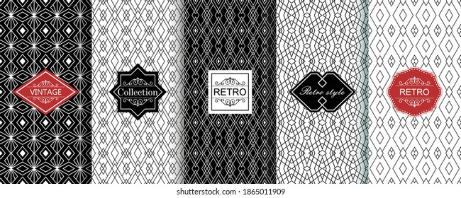 Set of Seamless geometric stylish texture. Classic Art Deco seamless pattern. Abstract retro texture. Vintage Islamic wallpaper. Lattice graphic design. Vector modern tiles pattern in black, white.