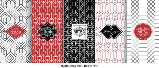  Set of Seamless geometric stylish texture. Art Deco seamless pattern. Abstract retro texture. Vintage Islamic wallpaper. Lattice graphic design. Vector modern tiles pattern in black, white, red.