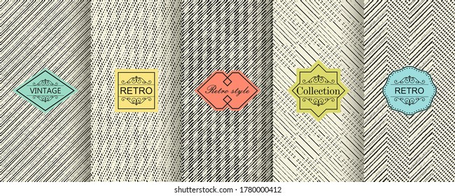Conjunto de texturas geométricas sin fisuras con etiquetas modernas y coloridas. Shabby chic striped. Diseño vintage de ilustración vectorial.
