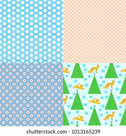 Set of seamless geometrical patterns in cold tones. For fabrics and wallpaper. With New Year's elements