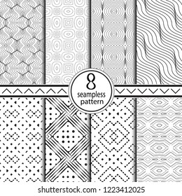 Set of seamless geometrical patterns. Regularly repeating ornament from simple geometrical figures. Vector illustration.