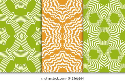 set of seamless geometry flower pattern. Arabesque. abstract vector illustration. green, orange color. for design invitation, background, wallpaper