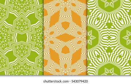 set of seamless geometry flower pattern. Arabesque. abstract vector illustration. green, orange color. for design invitation, background, wallpaper