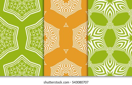 set of seamless geometry flower pattern. Arabesque. abstract vector illustration. green, orange color. for design invitation, background, wallpaper