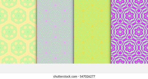set of seamless geometry flower pattern. Arabesque. vector illustration. green, purple color. for design invitation, background, wallpaper, interior