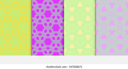set of seamless geometry flower pattern. Arabesque. vector illustration. green, purple color. for design invitation, background, wallpaper, interior