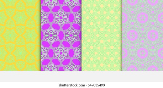 set of seamless geometry flower pattern. Arabesque. vector illustration. green, purple color. for design invitation, background, wallpaper, interior
