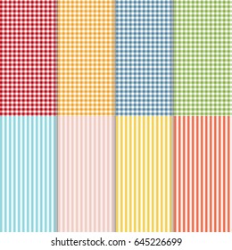 Set of seamless gingham, buffalo check plaid and bed linen patterns. Eight checkered and striped seamless patterns. Vector