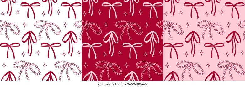 Set of seamless girly patterns with ribbon bow in pink tones. Ideal for packaging, textile, wrapping paper. Vector doodle illustration in Coquette Aesthetic style.
