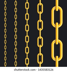 Set of seamless gold chains colored silver isolated on black background. Gold chain seamless pattern. Vector illustration