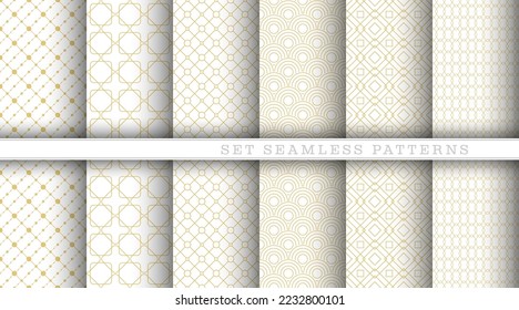 A set of seamless gold geometric and abstract patterns on a white background. An ornament for creating covers, banners, posters, texture prints and creative design