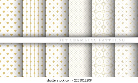 A set of seamless gold geometric and abstract patterns on a white background. An ornament for creating covers, banners, posters, texture prints and creative design