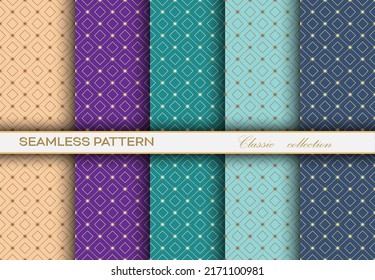 conjunto de patrones de oro sin costura sobre un fondo multicolor para textiles, textura, decoración y diseño creativo