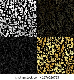 Set of Seamless Golden Art Deco vintage patterns with sprigs and berries