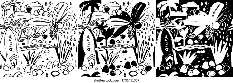 set of seamless graphic patterns in a tropical style with the image of palm trees, surfboards, herbs, waves, stones, clouds. black and white image of dots, lines and spots. for textiles, notebooks 