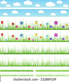 Set of seamless grass with flowers and without, big and small and sky with clouds