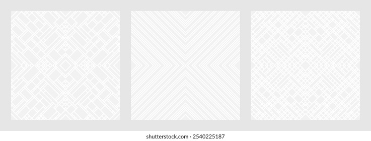 Set aus nahtlosen grauen Ornamenten von Diamanten, Quadraten, Linien für die Schaffung von Stoff und Tapete, einfacher Hintergrund für Weihnachtskarte. Geometrische weiße Figuren im modischen Retro-Stil, Muster für Cover