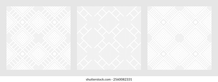 Set of seamless gray ornaments of diamonds, squares, lines for creating fabric and wallpaper, easy background for Christmas card. Geometric white figures in fashionable retro style, patterns for cover