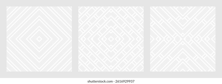Set of seamless gray ornaments of rhombuses, squares, lines for creating fabric and wallpaper, easy background for Christmas card. Geometric white figures in fashionable retro style