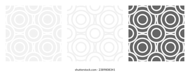 Set of seamless gray patterns of circles arcs lines to create fabric and wallpaper, easy background for Christmas card. Geometric white shapes in trendy retro style for cover decoration.