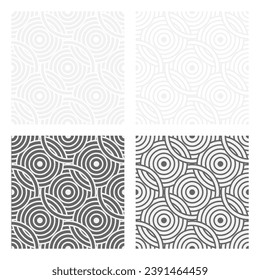 Set of seamless gray patterns of circles arcs lines to create fabric and wallpaper, easy background for Christmas card. Geometric white shapes in trendy retro style for cover decoration.
