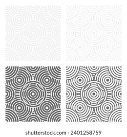 Set of seamless gray patterns of circles arcs lines to create fabric and wallpaper, easy background for Christmas card. Geometric white shapes in trendy retro style for cover decoration.