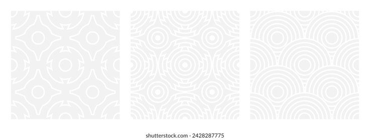 Set of seamless gray patterns of circles arcs lines to create fabric and wallpaper, easy background for Christmas card. Geometric white shapes in trendy retro style for cover decoration.