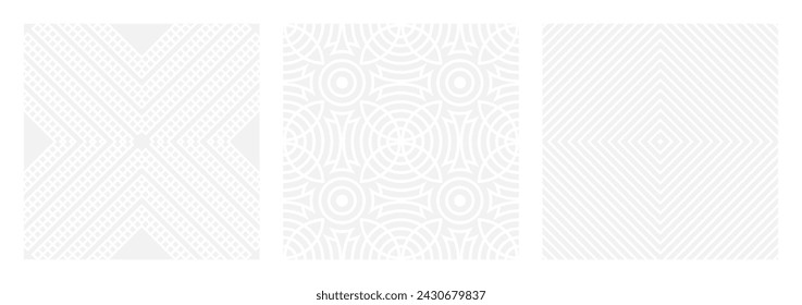 Set of seamless gray patterns of circles arcs lines to create fabric and wallpaper, easy background for Christmas card. Geometric white shapes in trendy retro style for cover decoration.