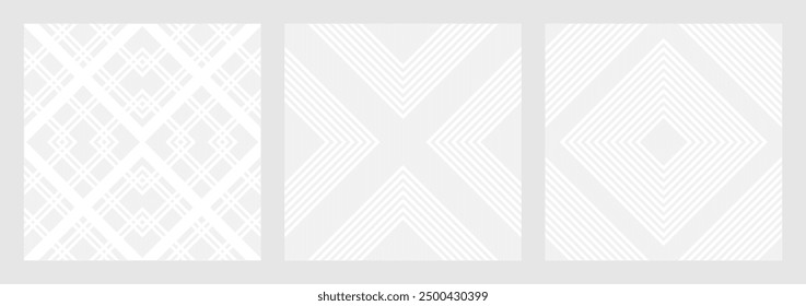 Set of seamless gray patterns of circles arcs lines to create fabric and wallpaper, easy background for Christmas card. Geometric white shapes in trendy retro style for cover decoration.