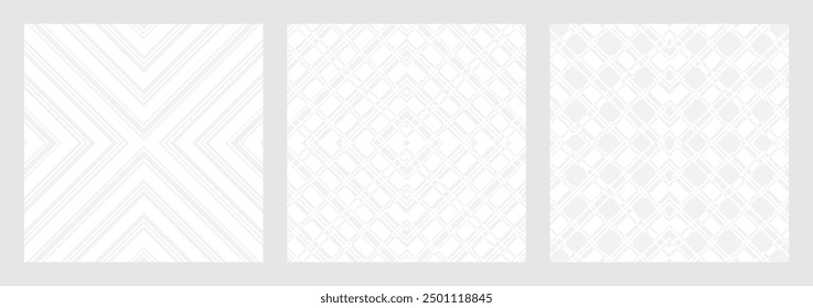 Set of seamless gray patterns of circles arcs lines to create fabric and wallpaper, easy background for Christmas card. Geometric white shapes in trendy retro style for cover decoration.