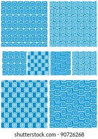 Set of seamless greek ornaments. Meander and wave in blue.
