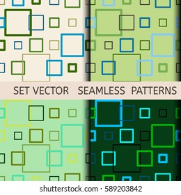 set of seamless green geometric patterns of the contour of the squares