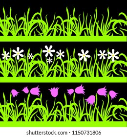 Set of seamless green grass, pink and white flowers pattern on black background, design element stock vector illustration for web, for print