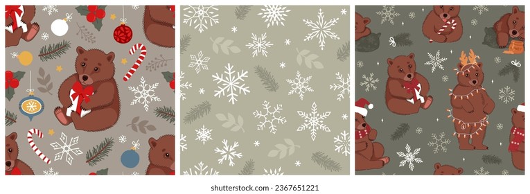 Set of Seamless green patterns with cute brown bears and Christmas elements. Winter vector illustrations for fabric, wrapping paper, and wallpaper.
