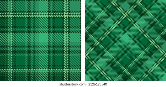 Set seamless green plaid background. Straight and oblique scottish cage textured. Vector graphics of printing on fabric, shirt, textile, curtain and tablecloth.