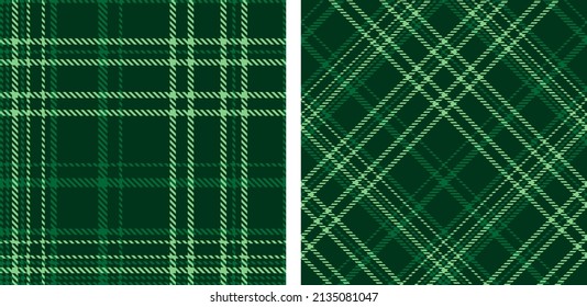 Set seamless green plaid background. Straight and oblique scottish cage textured. Vector graphics of printing on fabric, shirt, textile, curtain and tablecloth.
