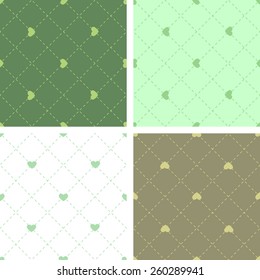 A set of seamless green  stitched backgrounds with diamonds and hearts