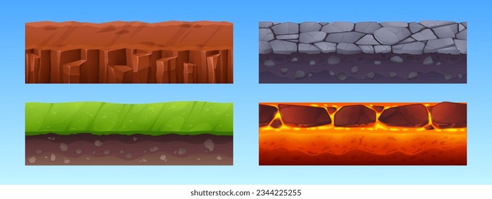 Set of seamless ground layers for game level interface. Vector cartoon illustration of mountain stone road, green grass on soil, dry desert land, hot lava texture, underground pattern. Adventure gui