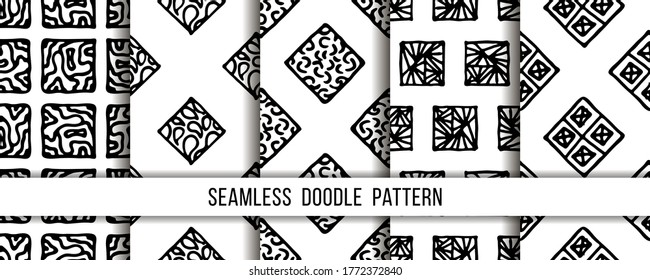 Set of seamless grunge doodle modern patterns. Geometry square fabric samples. Abstract vector illustrations