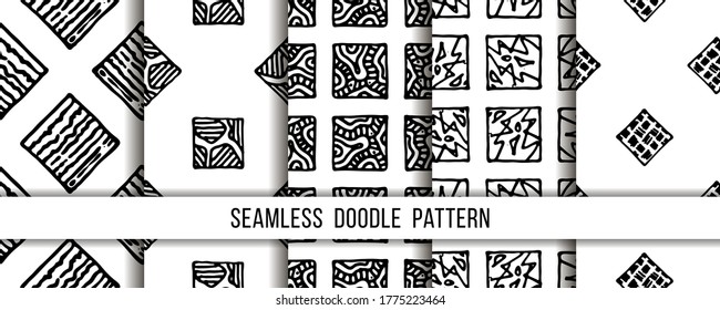 Set of seamless grunge doodle modern patterns. Geometry square fabric samples. Abstract vector illustrations