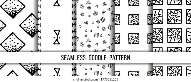 Set von nahtlosen Grunge doodle modernen Mustern. Geometrische quadratische Gewebeproben. Abstrakte Vektorgrafiken