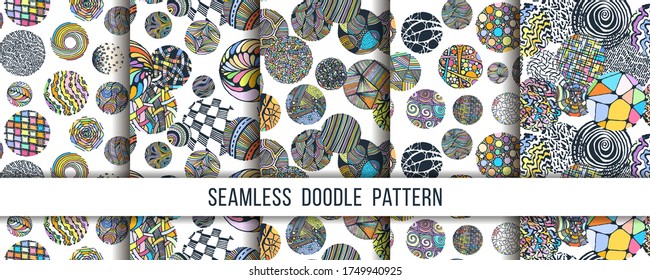 Set of seamless grunge dots modern patterns. Geometry circle fabric samples. Abstract vector illustrations