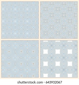 Set of seamless guilloche vector background. Thin wavy lines texture.