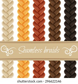 Set of seamless hair braid, three strand french braid, plait isolated on white. Vector pattern brush for hair styles and patterns.