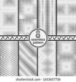 A set of seamless halftone models. Abstract modern background with infinitely repeated geometric figures, crosses, polygons. Vector graphics.