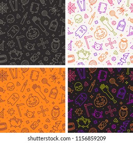 Set of seamless halloween background with holiday sign and symbols. Vector illustration.