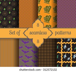Set seamless halloween backgrounds and geometric patterns. Vector illustration.