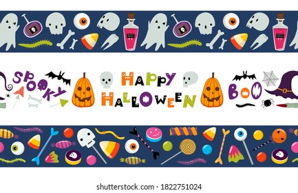Set of seamless Halloween borders. Tape template. Vector illustration isolated on white. Ghost, trick or treat sweets, skull. Flat cartoon design. Border pattern for banners, washi tape, scrapbooking 